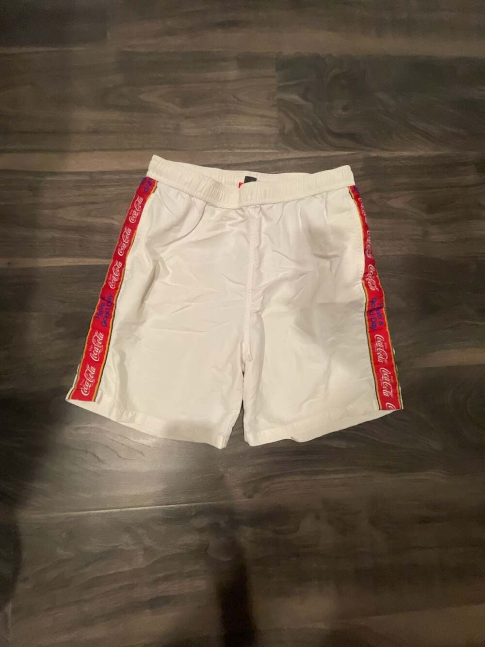 Coca-Cola White Swim Shorts with Tape Logo Detail
